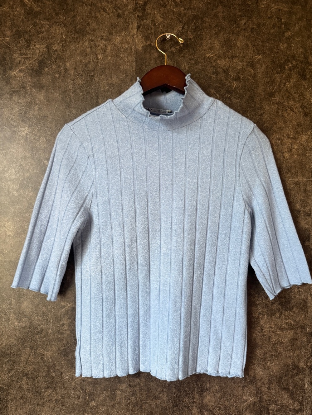 Zara Baby Blue Ribbed Mock Neck Top M Lettuce Trim 3/4 Sleeve